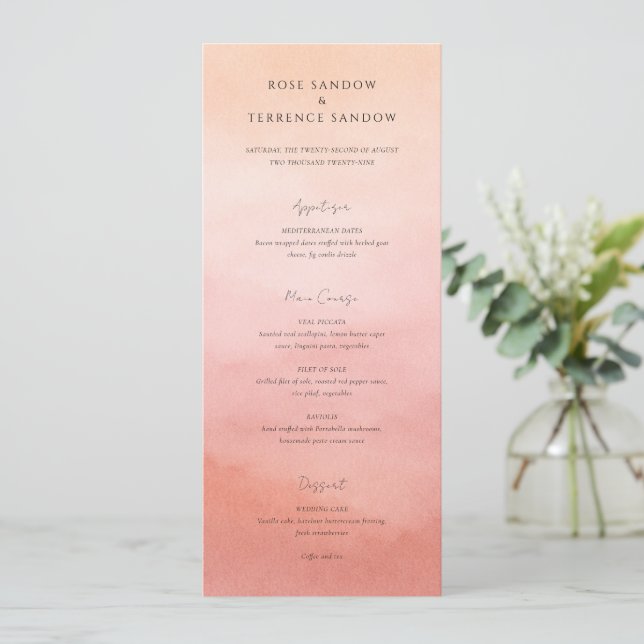 Modern Coral Coastal Chic Elegant Wedding Menu (Standing Front)