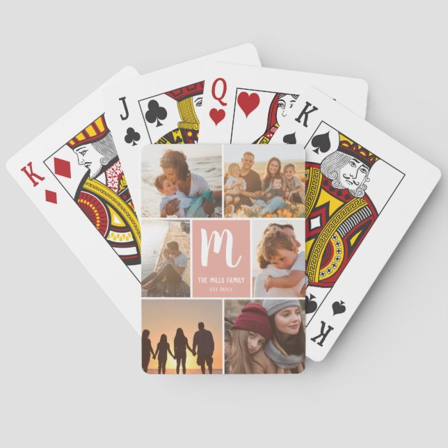 Modern coral family monogram photos grid collage playing cards (Back)