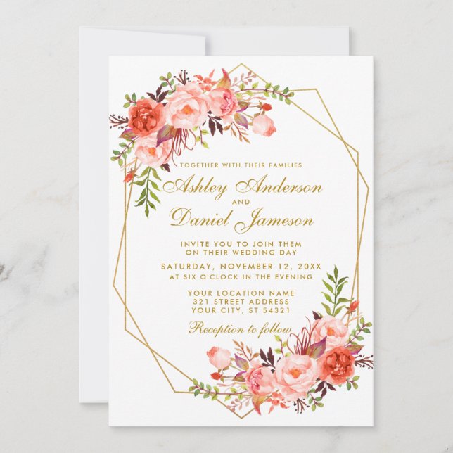 Modern Coral Floral and Gold Wedding Geometric W Invitation (Front)