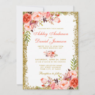 Modern Coral Floral Gold Glitter Wedding W Invitation