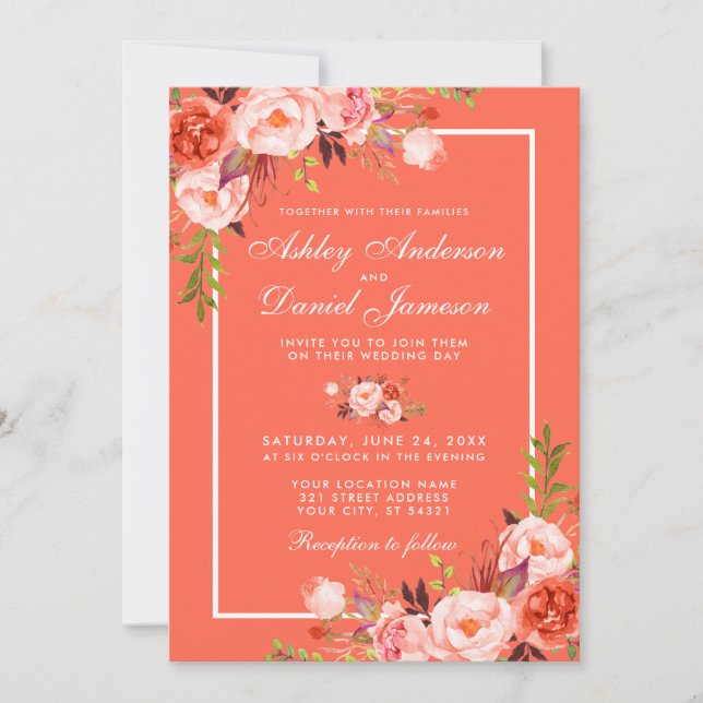 Modern Coral Floral White Frame Wedding Invitation (Front)