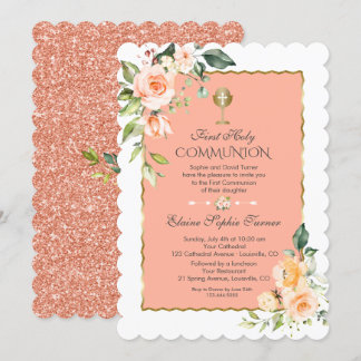 Modern Coral Flowers Coral Glitter First Communion Invitation