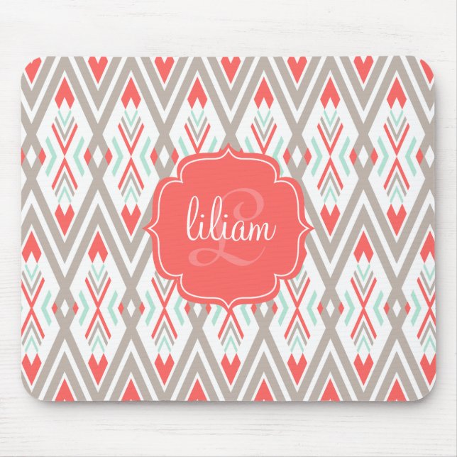 Modern Coral Geometric Tribal Aztec Personalised Mouse Pad (Front)