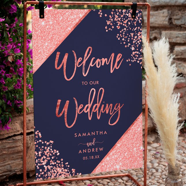 Modern coral glitter navy blue welcome wedding poster (Modern coral glitter navy blue welcome wedding poster)