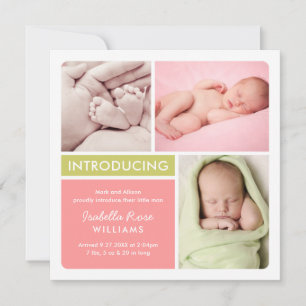 Modern Coral Green Colour Block Baby Girl Birth Announcement