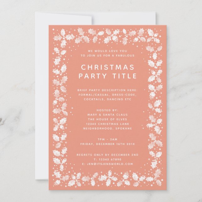 Modern Coral Lino Print Holly Christmas Party Invitation (Front)