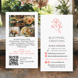 Modern coral minimalist florist photos qr code business card