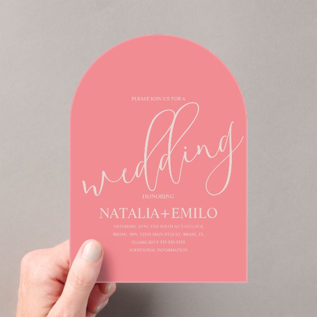 Modern Coral Muted Script Minimal Wedding Acrylic Invitations (Insitu (Handheld))