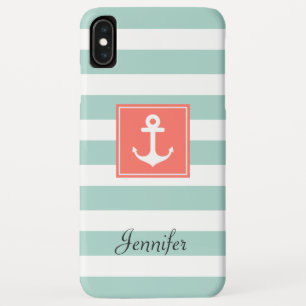 Modern Coral Nautical Anchor Mint White Stripes Case-Mate iPhone Case