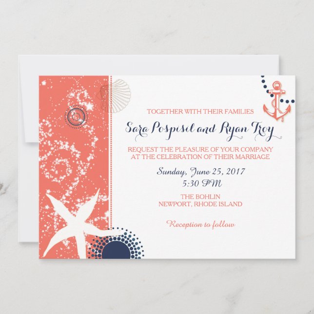 Modern Coral & Navy Nautical Wedding Invitation (Front)