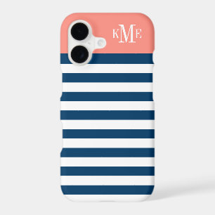 Modern Coral Navy Stripes Custom Monogram