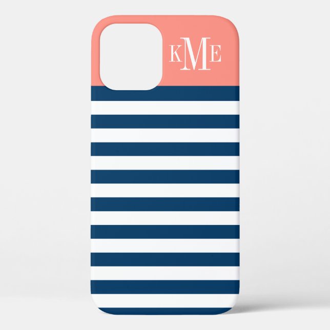 Modern Coral Navy Stripes Custom Monogram Case-Mate iPhone Case (Back)