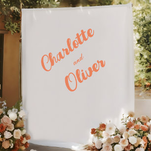 Modern Coral Orange Couple Names Wedding Backdrop Tapestry