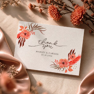 Modern Coral Orange Floral Terracotta Wedding Thank You Card
