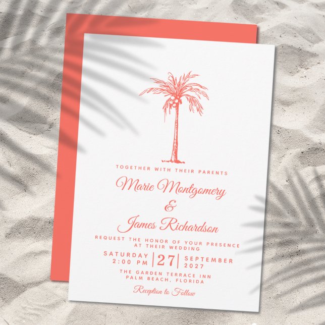 Modern Coral Palm Tree Tropical Beach Wedding Invitation (Creator Uploaded)