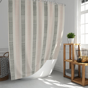 Modern Coral Peach Sage Green Stripe Boho Shower Curtain