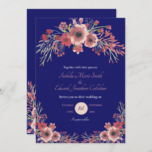Modern Coral Peony Floral Navy Wedding Invitation