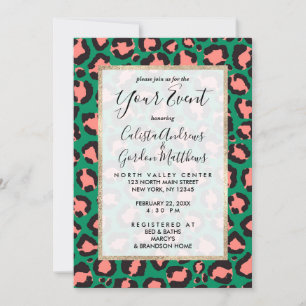 Modern Coral Pink Black Green Leopard Animal Print Invitation