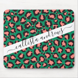 Modern Coral Pink Black Green Leopard Animal Print Mouse Pad