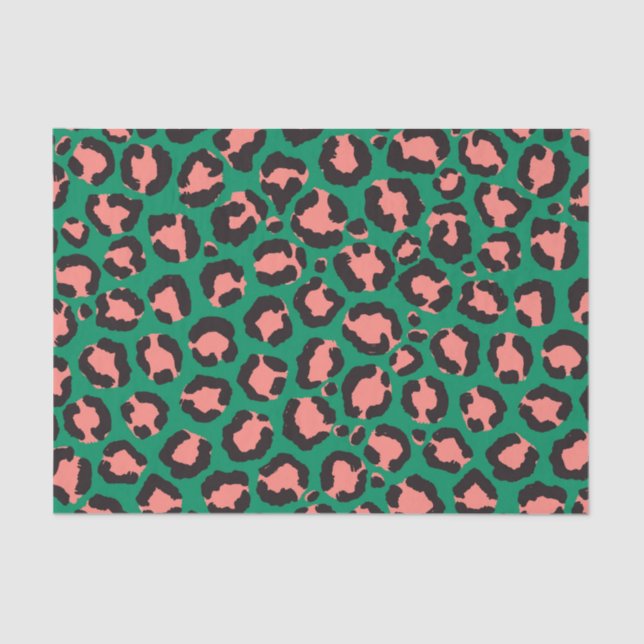 Modern Coral Pink Black Green Leopard Animal Print Tissue Paper (Front)