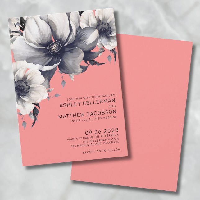 Modern Coral Pink Floral Wedding Invitation (Modern Coral Pink Floral Wedding Invitation )