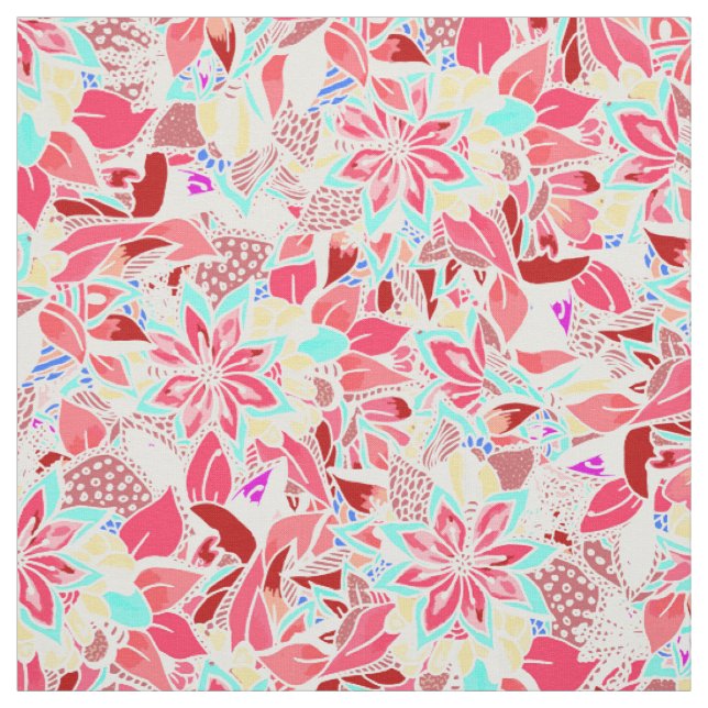 Modern coral pink hand drawn flowers fabric (Swatch)