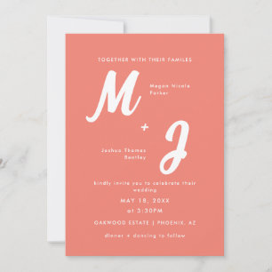 Modern Coral Pink Monogram All-in-One Wedding  Invitation