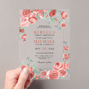 Modern Coral Pink Roses Floral Wedding Acrylic Invitations