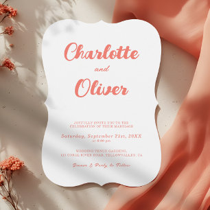Modern Coral Pink White Script Decorative Wedding Invitation