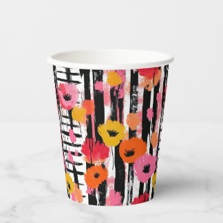 Modern Coral Poppy with Black Brushstrokes Paper Cups