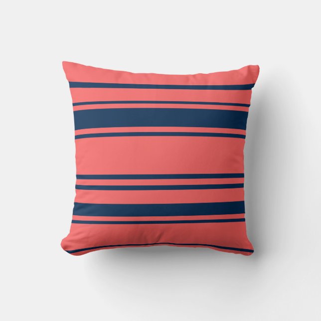Modern Coral Red And Blue Stripes Pattern Cushion (Front)