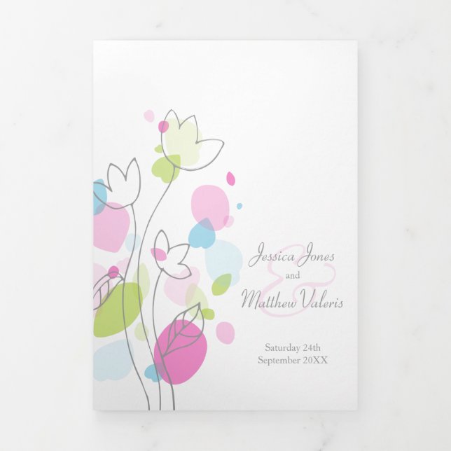 Modern coral red confetti flower petals Wedding Tri-Fold Programme (Cover)