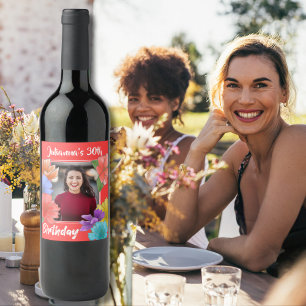 Modern Coral Red Floral Happy 30th Birthday Photo Wine Label