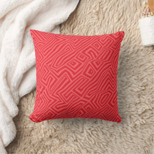 Modern Coral Red Isometric Labyrinth Abstract Geom Cushion