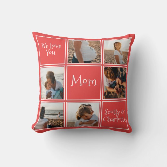 Modern Coral Red We Love You Mum Photo Collage Cushion (Front)