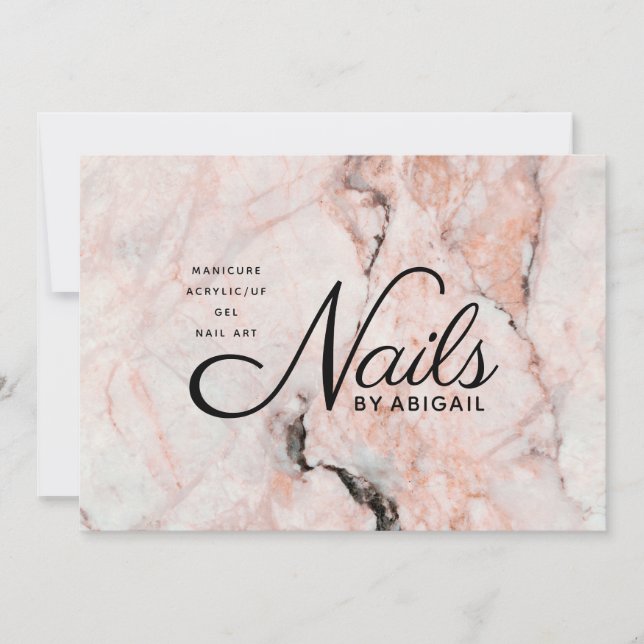 Modern Coral Rose Marble Nails By "Name" Business Holiday Card (Front)
