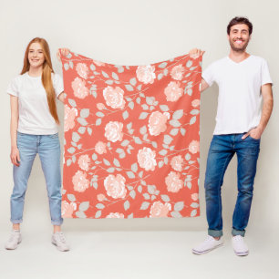 Modern Coral Rose White Floral Pattern Fleece Blanket