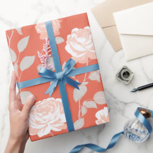 Modern Coral Rose White Floral Pattern Wrapping Paper