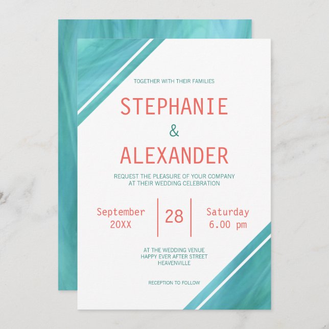 Modern Coral Teal Wedding Invitation (Front/Back)
