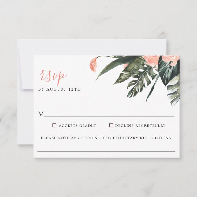 Modern Coral Tropics Wedding Food Allergy RSVP Card (Front)