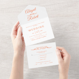 Modern coral typography on white wedding all in one invitation
