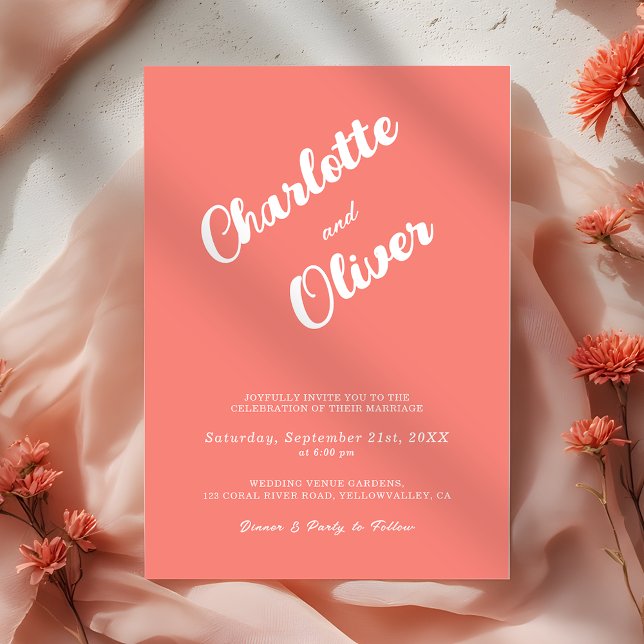 Modern Coral Union Script Pink Wedding Invitation (Creator Uploaded)