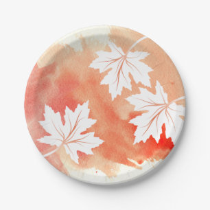 Modern coral watercolor and maple leaves paper plate