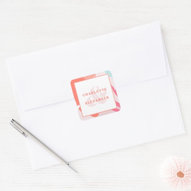 Modern Coral Wedding Bride & Groom Template Square Sticker (Envelope)