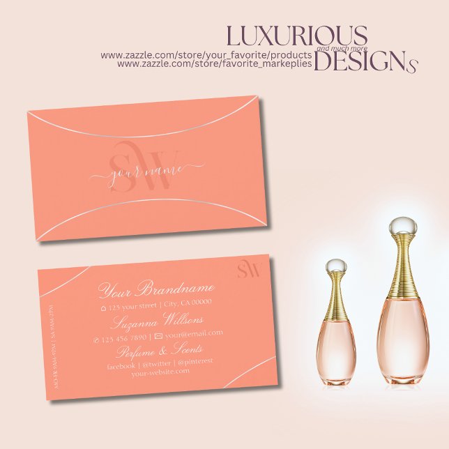 Modern Coral with Pearl Silver Border and Monogram Business Card (Creator Uploaded)