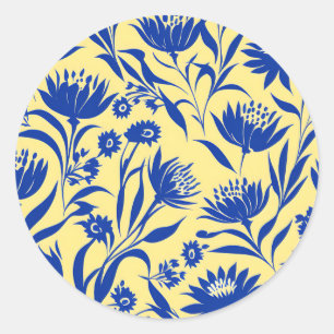 Modern Cornflower Blue Floral On Yellow Classic Round Sticker