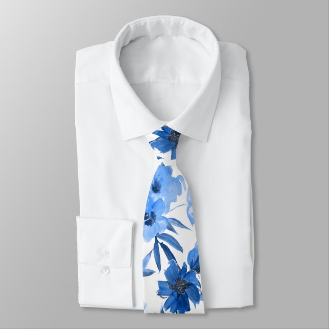 Modern Cornflower Blue Trendy Floral Tie (Tied)