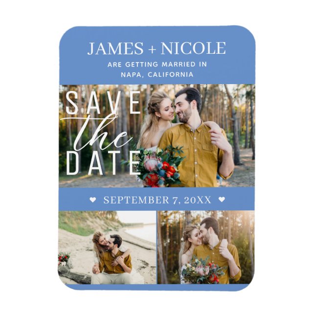 Modern Cornflower Save the Date Wedding 3 Photos Magnet (Vertical)