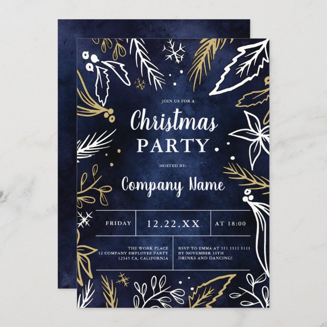 Modern corporate bold gold navy Christmas party Invitation (Front/Back)