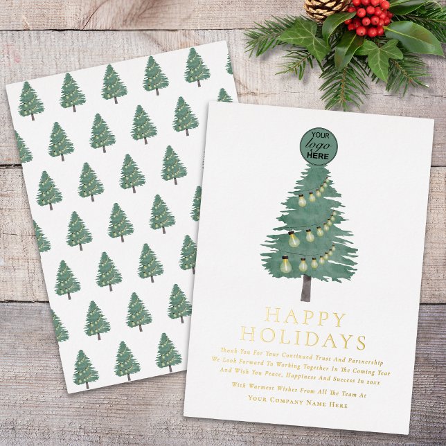 Modern Corporate Logo Christmas Tree Gold Script (Modern corporate logo Christmas tree white and elegant gold foil typography business holiday card)
